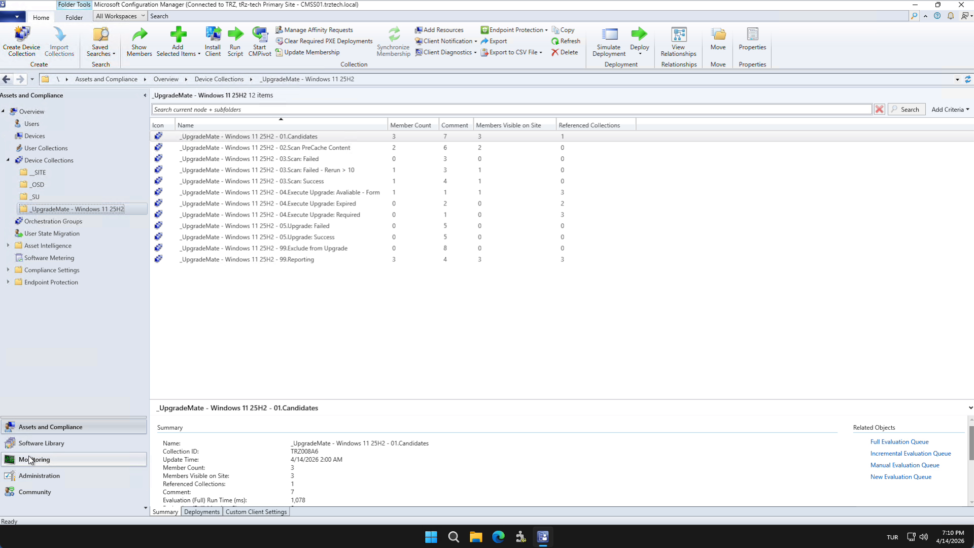 The 12 UpgradeMate collections under one folder in Configuration Manager