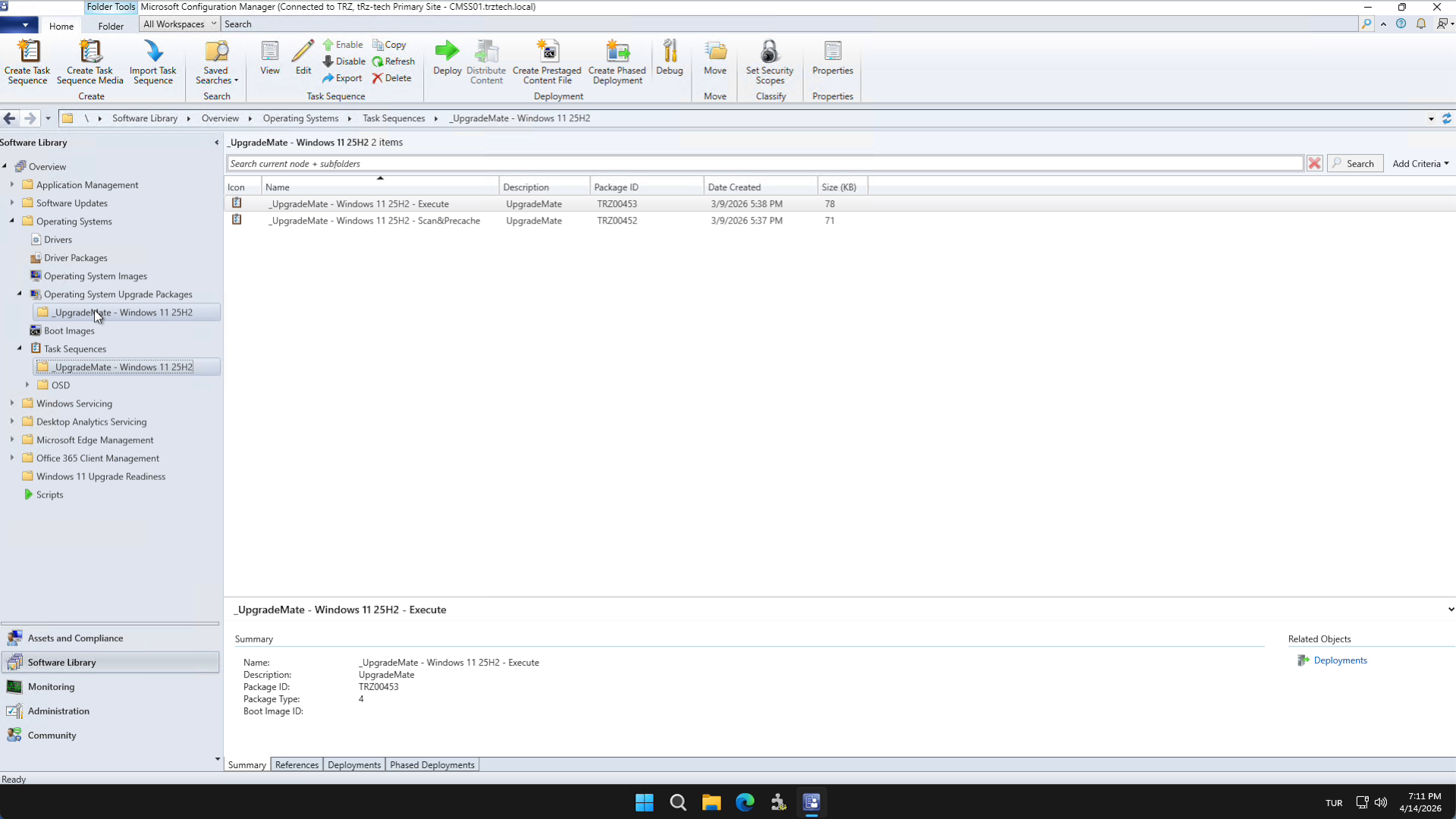 The two UpgradeMate task sequences in Software Library