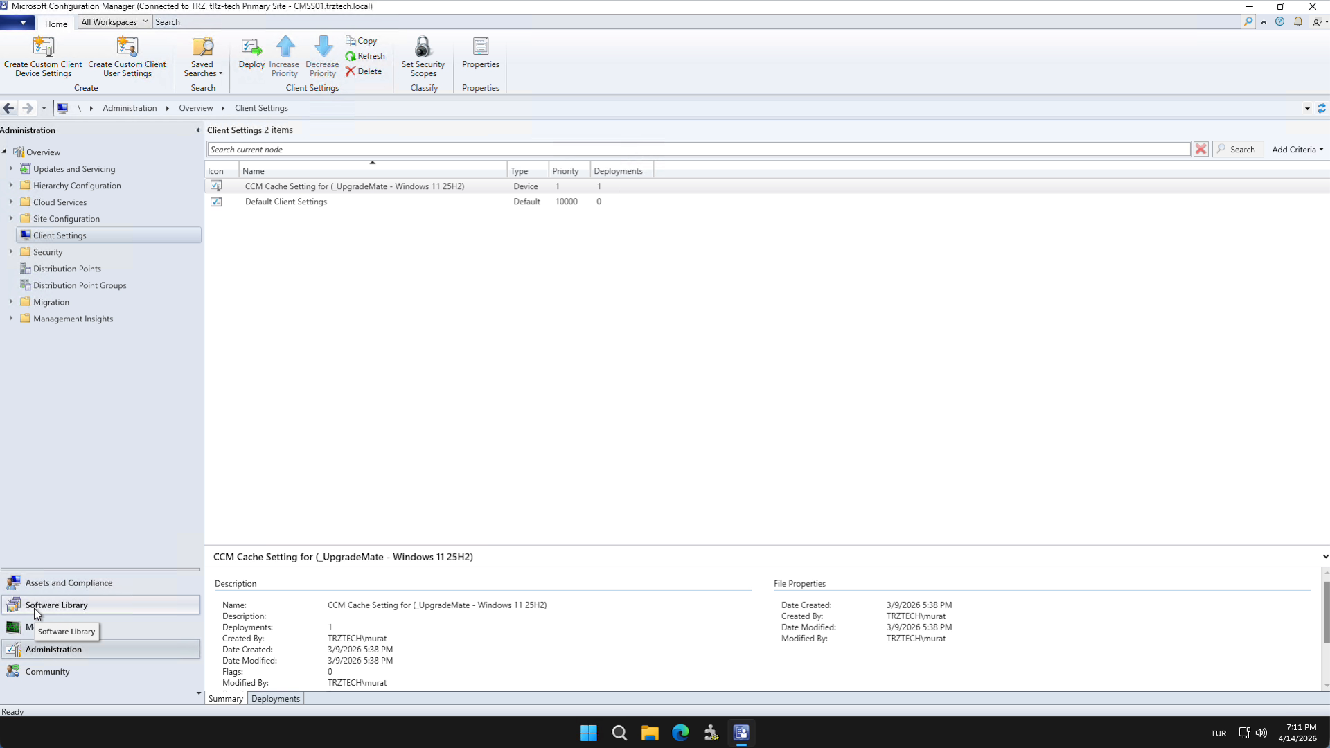 UpgradeMate CCM cache client setting in Administration