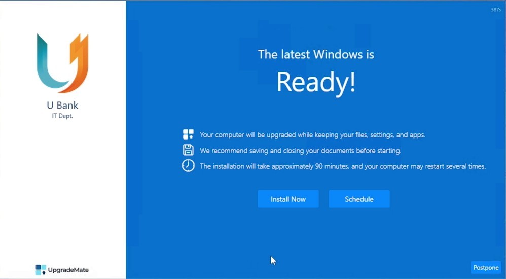 Upgrade form with Install Now, Schedule and Postpone buttons