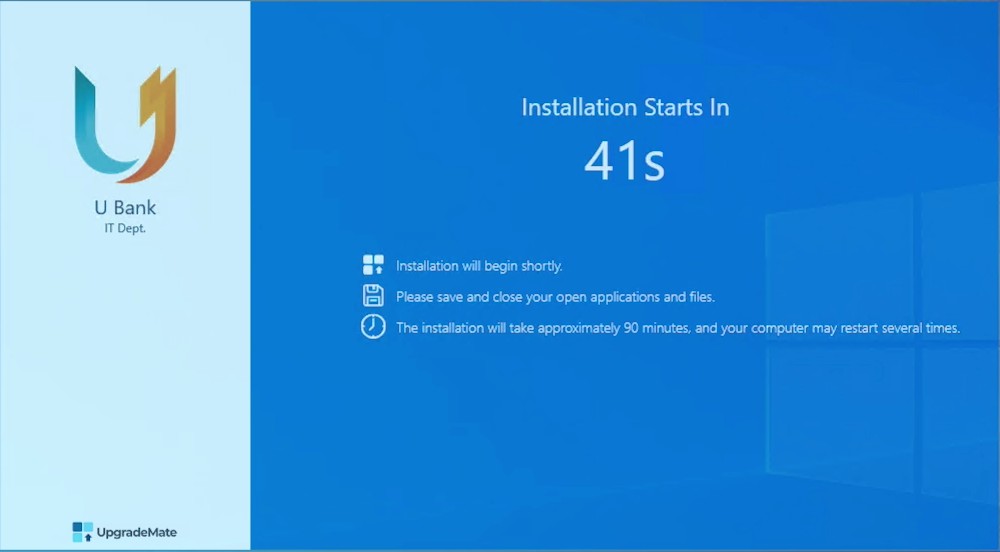 Installation countdown screen showing Installation Starts In 41s
