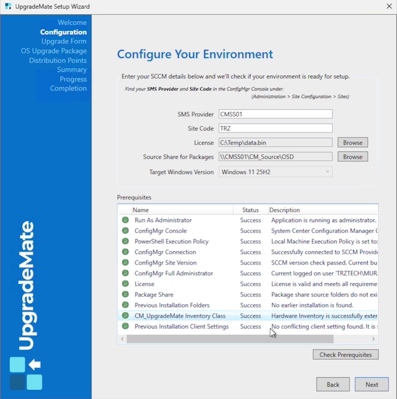 Configure Your Environment screen with all prerequisite checks succeeded