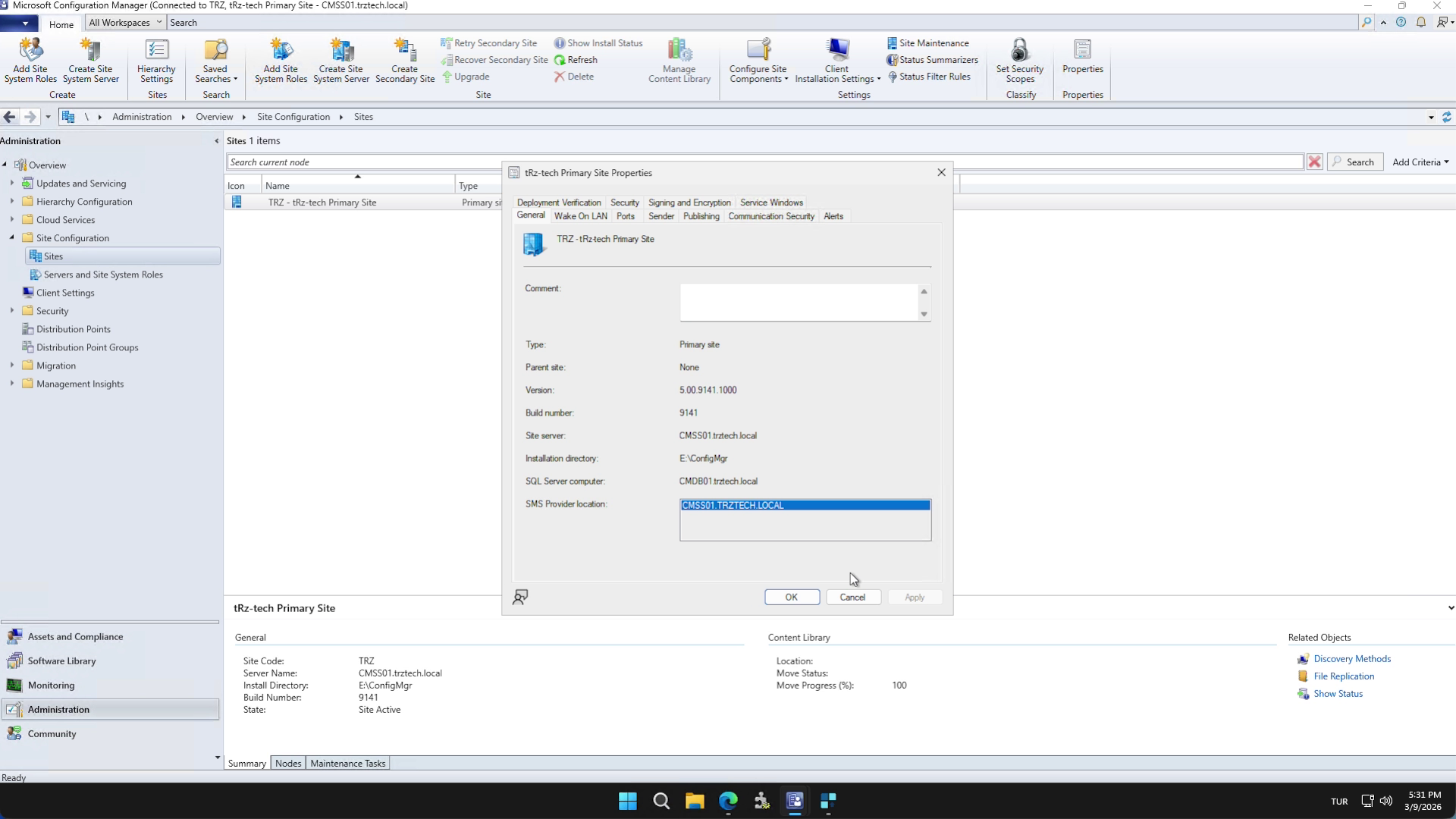 SMS Provider and Site Code shown in the Configuration Manager site properties