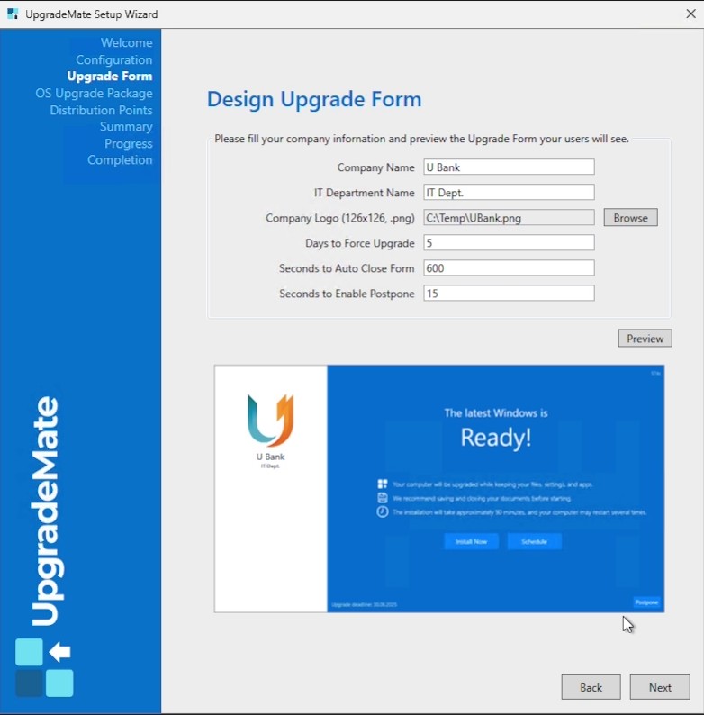 Design Upgrade Form screen with company info and a live preview