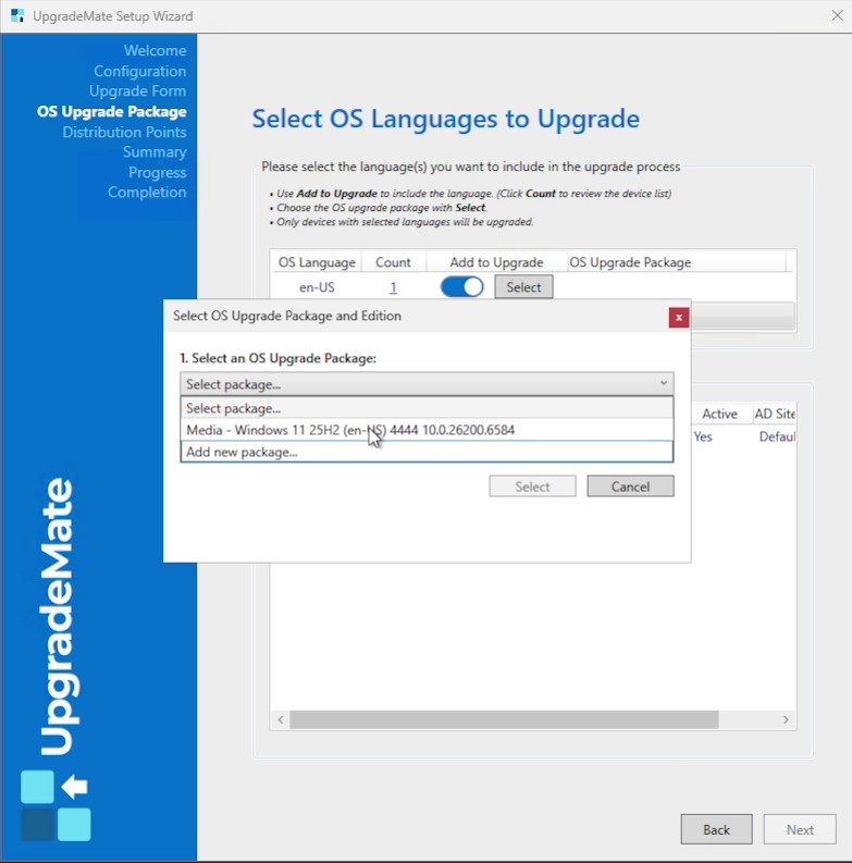 Select OS Upgrade Package dialog showing an existing en-US package