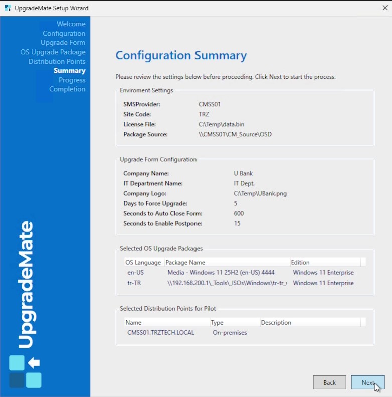 Configuration Summary screen with environment, form, packages and DPs listed