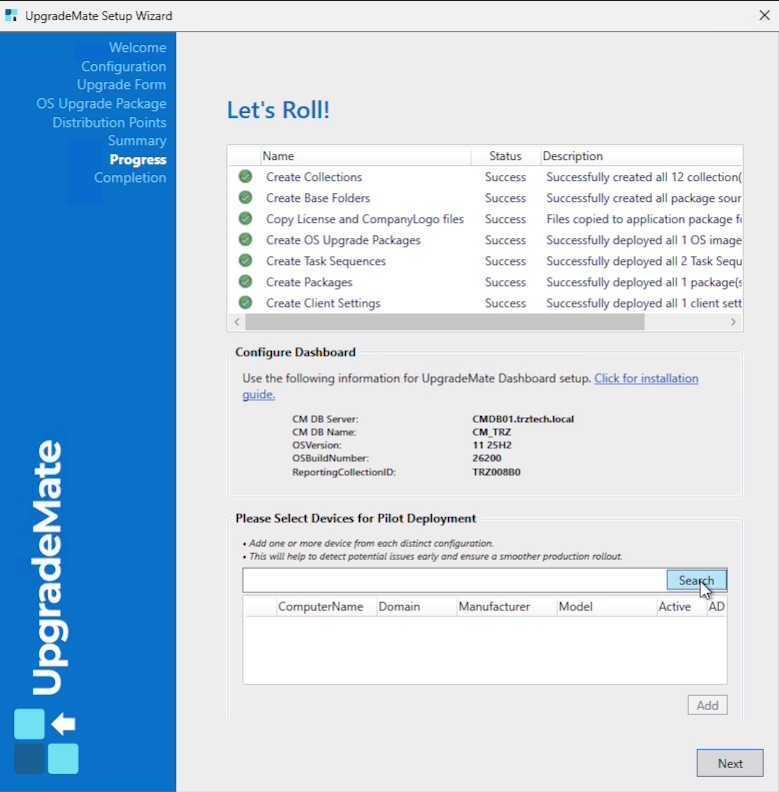 Let’s Roll progress screen with all create tasks succeeded and dashboard configuration details
