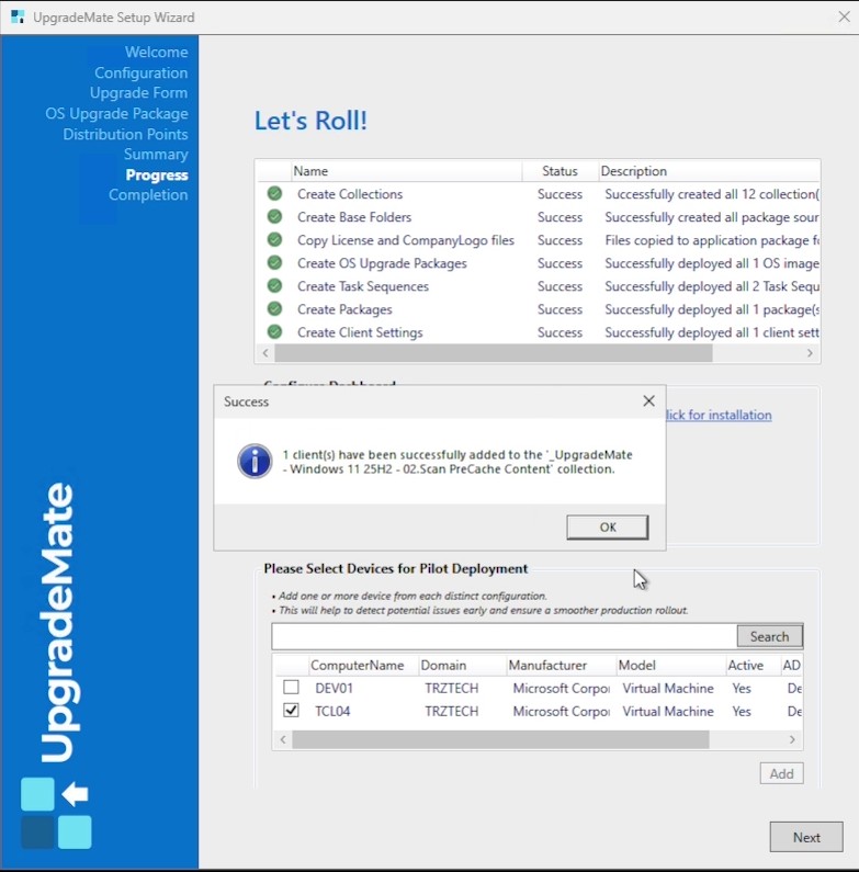 Pilot device added to the UpgradeMate PreCache Content collection