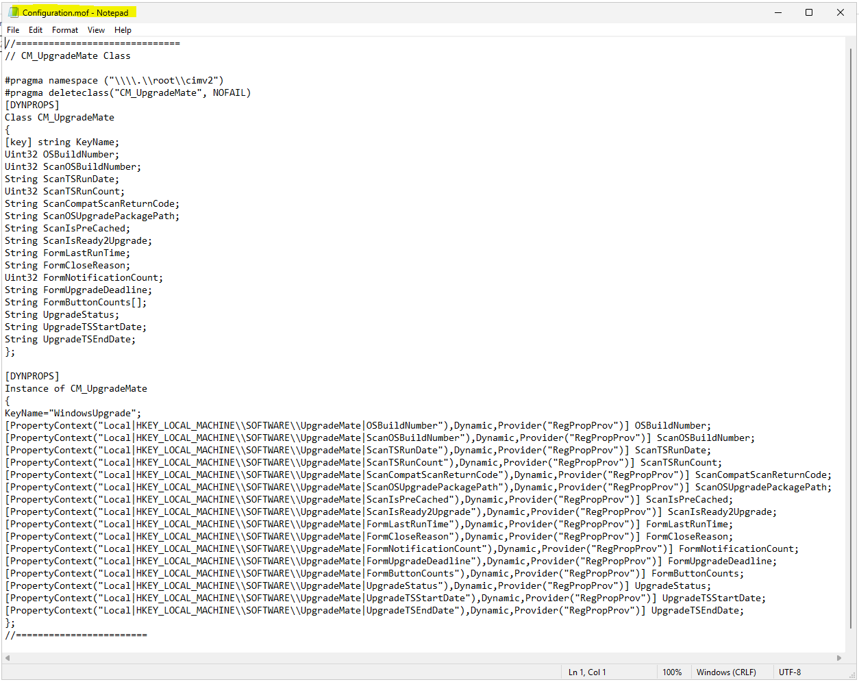 Contents of UpgradeMate’s Configuration.mof file