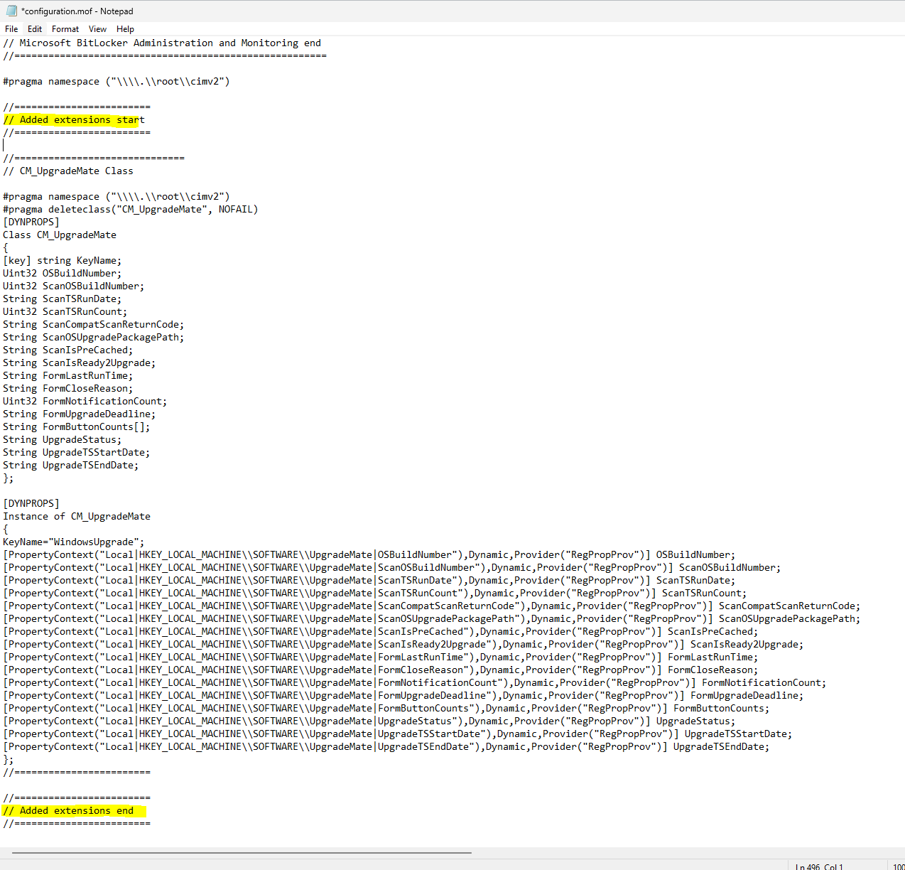 ConfigMgr’s main configuration.mof file after adding the extension