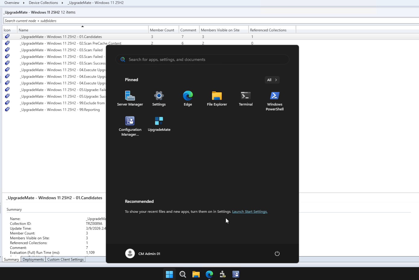 Windows Start menu showing UpgradeMate pinned, with Configuration Manager console visible in the background