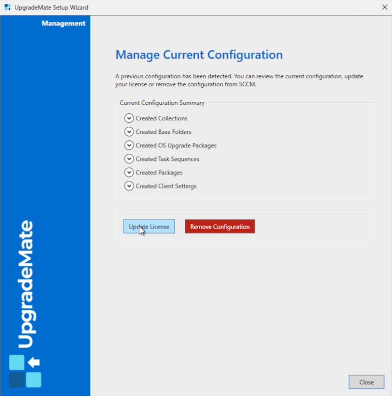 Manage Current Configuration screen with Update License and Remove Configuration buttons