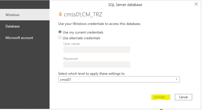 SQL Server database credentials